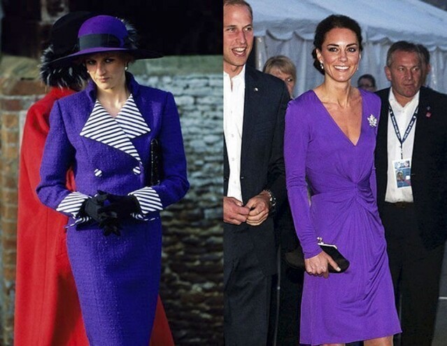 紫色同樣不容易駕馭，戴妃的外套雖然較鬆身，但配上間條紋理，顯得十分時尚，就算 20 年後回看，還是被她的氣質深深吸引著，而凱特還是一貫簡約的襯法，以好身材取勝