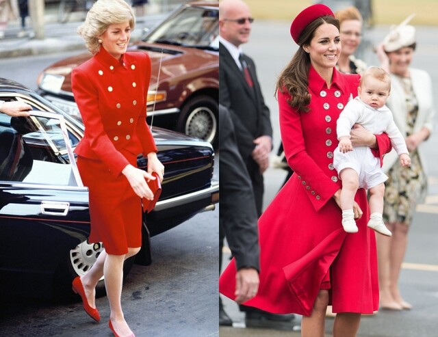 這一身紅色軍褸款雙排鈕扣連身裙，要是說是凱特王妃無意間襯出來，那只能說她跟戴安娜王妃的穿衣品味實在太相近。從圖片來看，凱特連同禮帽的配襯更具完整性，而戴安娜王妃就配上同色 clutch 與 平底鞋，相較下會更