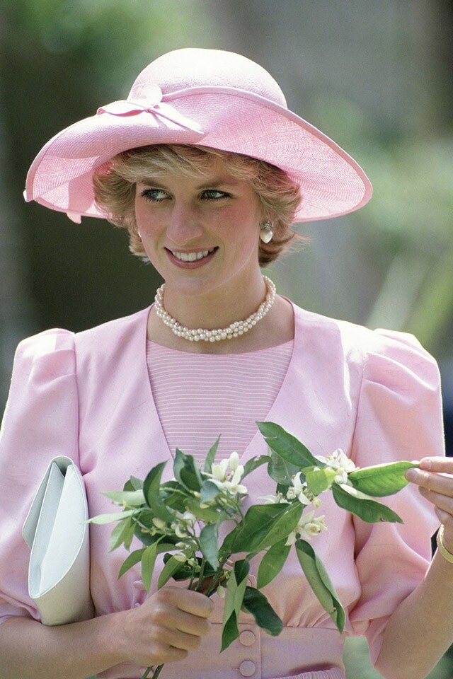 1985 年戴安娜王妃以 John Boyd 的粉紅網織帽充滿了春日感覺。