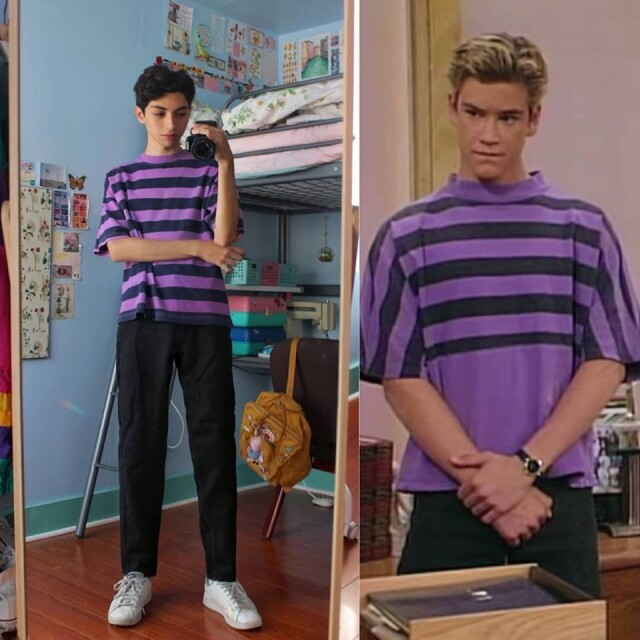 Alex 還模仿了經典影視《Saved by the Bell》中 Zack Morris 的造型 Alex 還模仿了經典影視《Saved by the Bell》中 Zack Morris 的造型