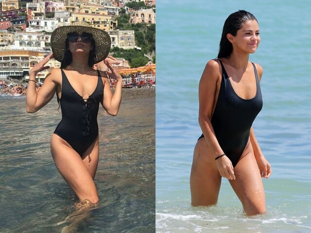 Selena Gomez 和 Vanessa Hudgens 一向都有 baby fat，所以最愛穿連身泳衣來遮掩腰部。可是，純黑色的連身泳衣剪裁平坦，反而令她們的身型看起來欠缺曲線。