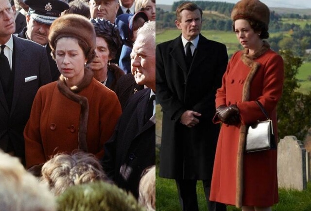 英女王到訪阿伯范 (Aberfan) 的一幕，亦在《皇冠》中呈現，帽子耳環整身套裝，就是一個無睱的複製