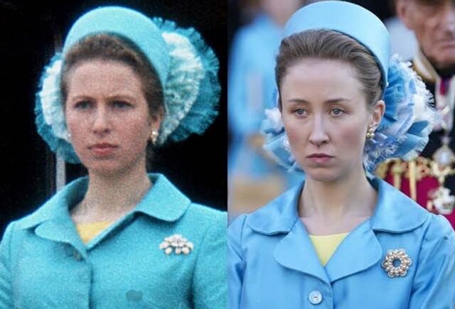 不至英女王的服裝，其他角色的造型亦十分到位和真實。安妮公主出席查理斯王子的藍色套裝。