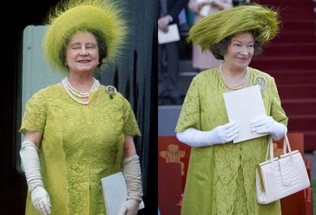 英女王母親的綠色套裝亦利用了蕾絲材質，重新展現套裝的小細節，絕對比得上原本的王太后打扮。