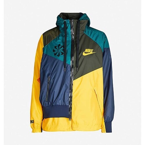Drawstring-hood contrast-panel shell jacket