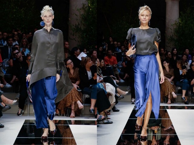 接著是一連串以絲綢製成的衣服，以大地色系配搭紫藍色的造型，呈現出一貫 Armani 的高貴感覺。