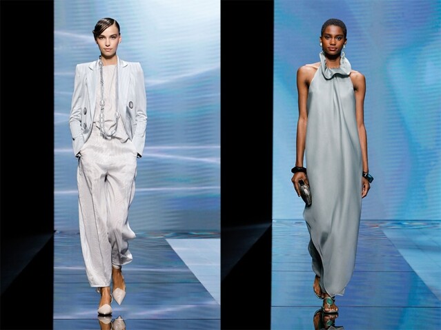 Giorgio Armani 2021 春夏系列以灰色、米色、黑色及藍色作主調，顏色低調卻不失貴氣，令每一件衣物都能輕易融入各種造型當中。