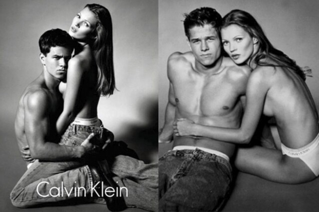 Kate Moss 剛剛入行，年僅 17 歲，就為拍攝半裸廣告，倚靠在演員 Mark Wahlberg 身上