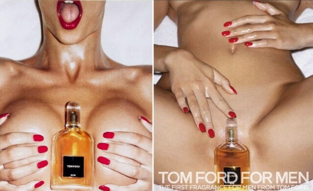 男裝香水放在女性不同的性感部位，廣告隨即被指尺度太大以及物化女性，備受爭議。