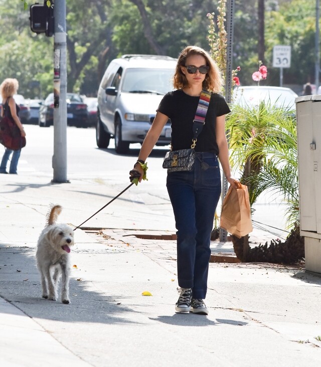 Natalie Portman 帶小狗遛街時，穿搭都是以優閒便服為主