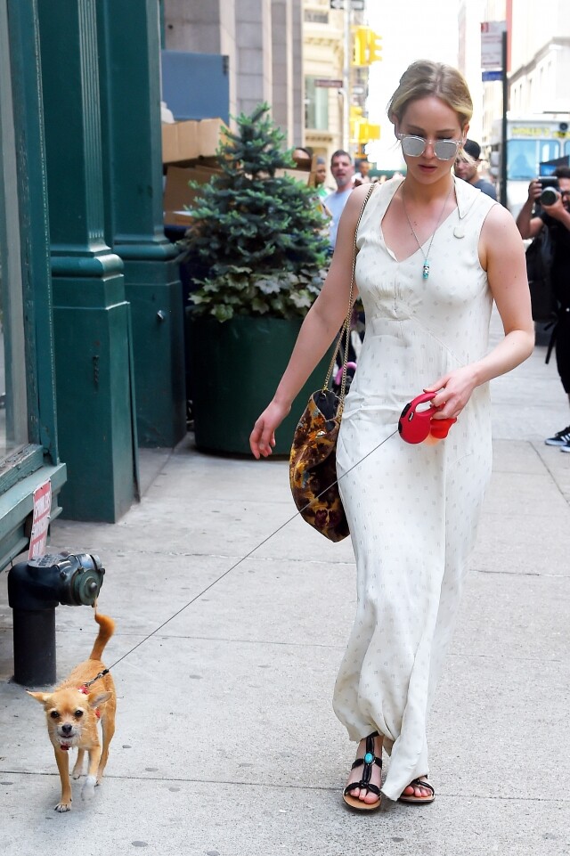 Jennifer Lawrence 以一身白色長裙遛狗，看起來簡約而能塑造出波希米亞的風情
