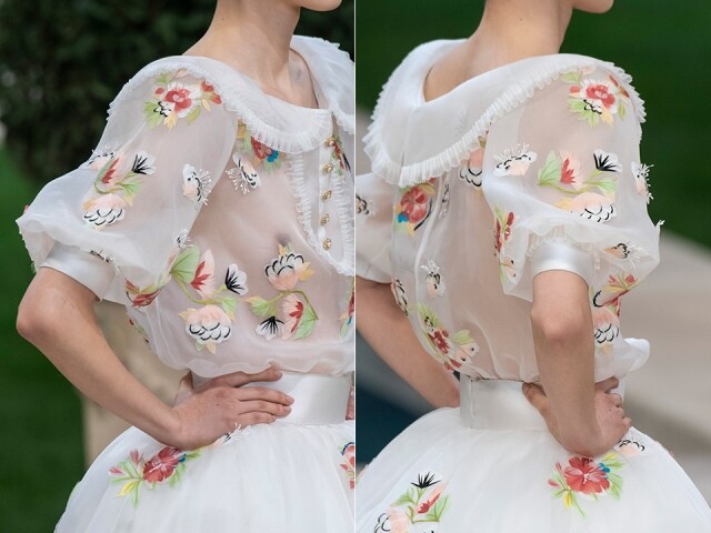 Chanel 2019 春夏高級訂造服系列第 37 個造型，便以不同材質的羽毛巧妙地刺繡於真絲上，極考手工。