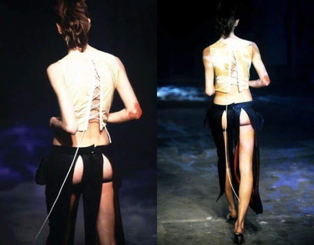 1994 春夏系列 「Nihilism」,露出臀部的設計,引起爭議性的討論,而 Lee Alexander McQueen 解釋他只是反浪漫主義。 1994 春夏系列 「Nihilism」,露出臀部的設計,引起爭議性的討論,而 Lee Alexander McQueen 解釋他只是反浪漫主義。