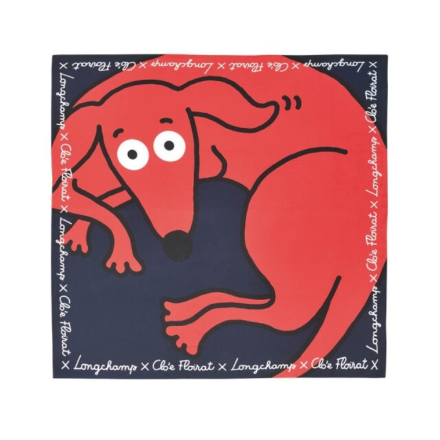 聖誕禮物推薦 2018: LONGCHAMP x Clo’e Floirat紅色臘腸狗圖案絲巾$2,700。