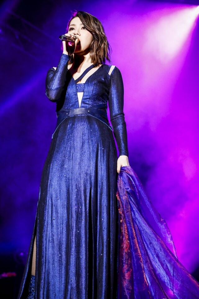 而最令人印象深刻便是那一條深藍水晶長裙，繁複的水晶珠繡在黑暗的舞台上光芒萬丈。