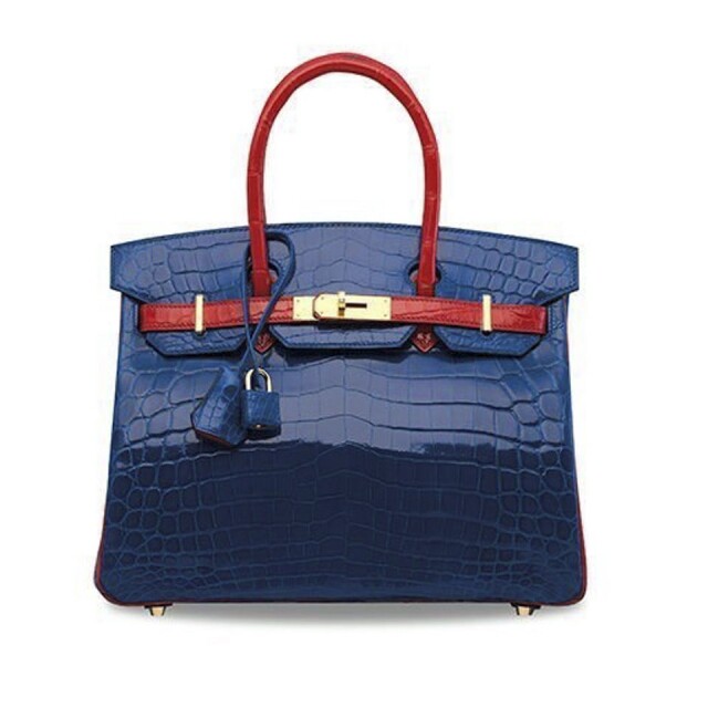 Hermes 特別訂製亮面電光藍及橙紅色尼羅鱷魚皮 30 公分 Birkin Bag