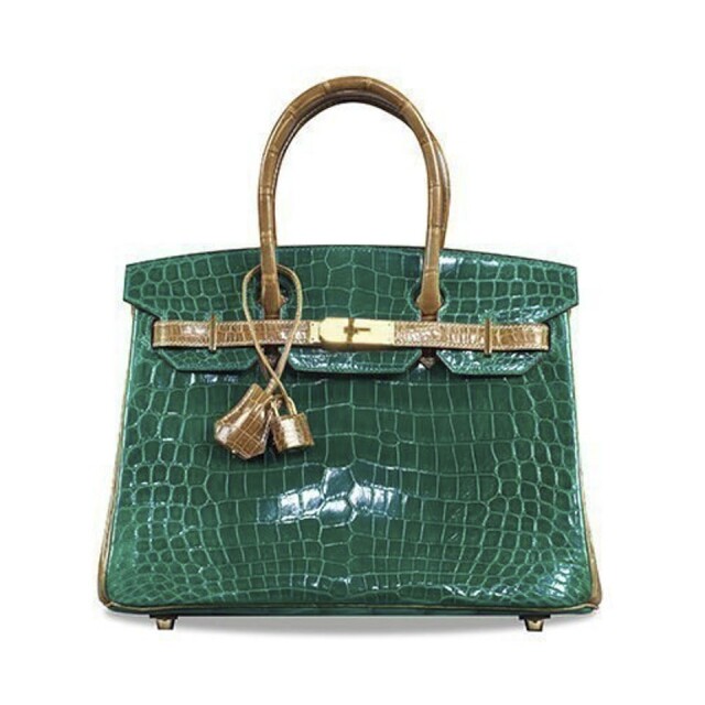 Hermes 特別訂製亮面翡翠綠及淺灰啡色尼羅鱷魚皮 30 公分 Birkin Bag