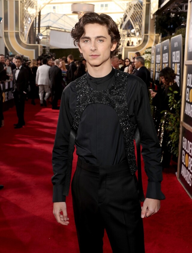 Timothée 以全黑西裝配上 LV 閃片背帶 Timothée 以全黑西裝配上 LV 閃片背帶