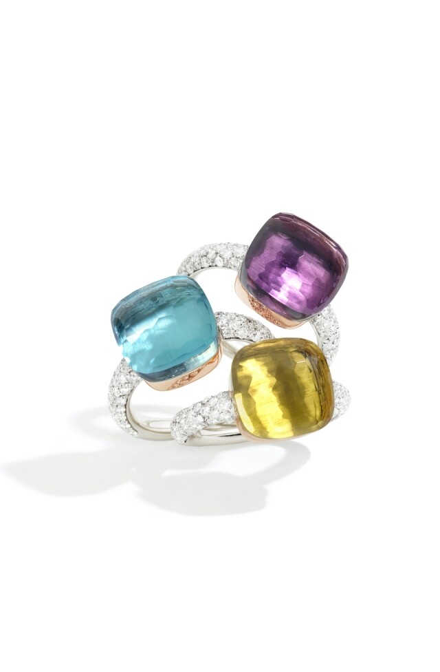 Pomellato 專有無爪式鑲嵌的 Nudo 系列，擁有 57 個刻面，突顯彩色寶石的質樸光華。