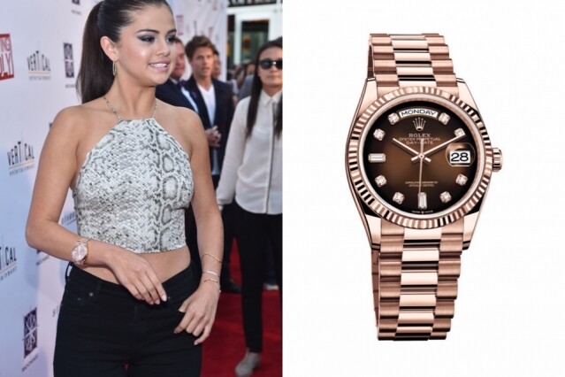 配上玫瑰金的「總統錶」，感覺更年輕，同樣深得年輕一輩的女影星 Selena Gomez 的歡心。
