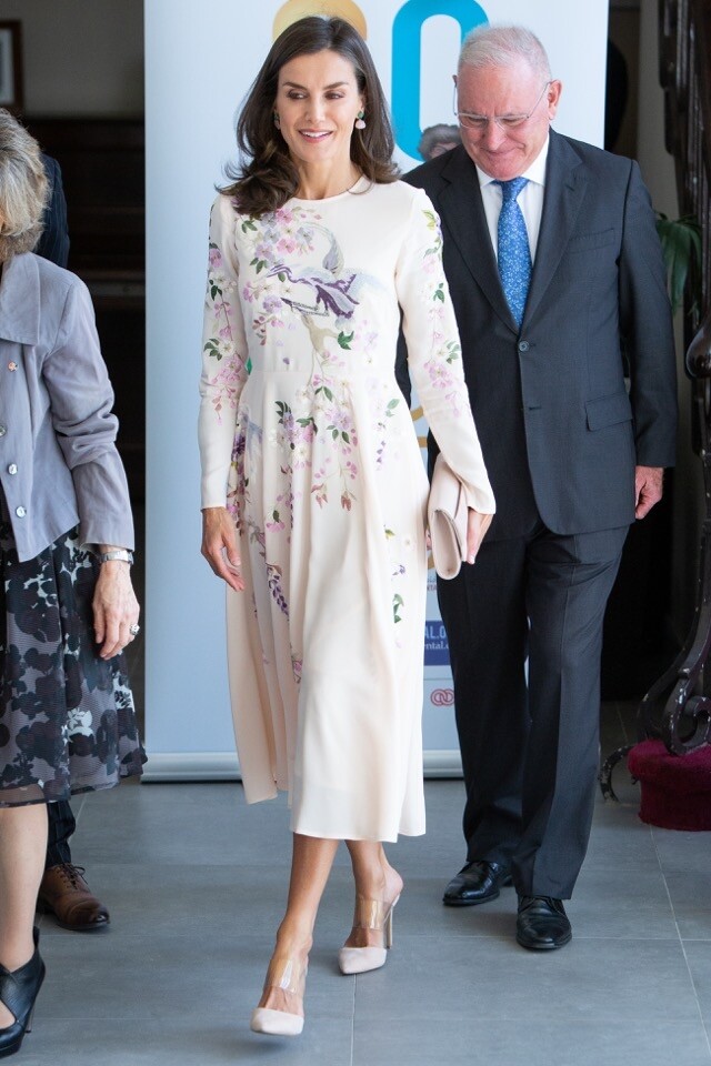 西班牙王后 2019 年的 10 月初穿上 ASOS 出品的花卉刺繡絲質裙出席活動