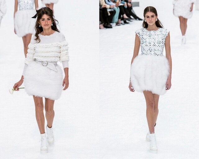 Penélope Cruz 首次充當模特兒，手持紀念 Karl Lagerfeld 的白花走秀。