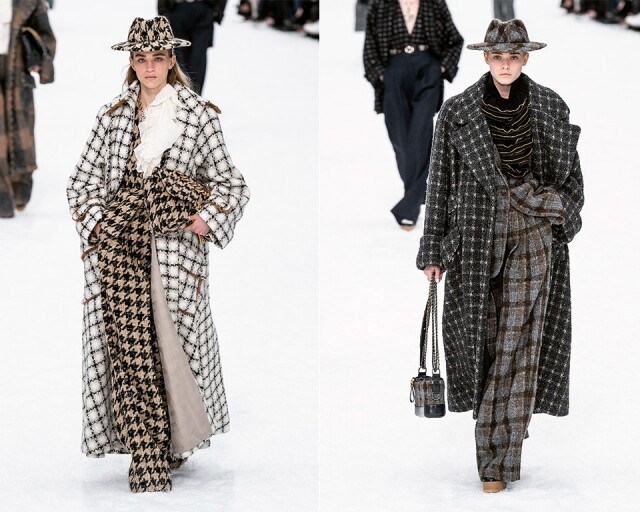 接下來的模特兒都穿起闊大的外套，以 Pattern on Pattern 的穿搭走過雪地