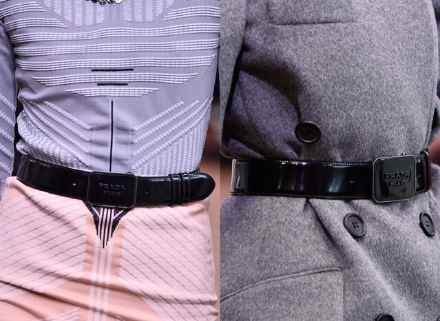 著重腰線 整個 Prada 2018 早春系列都著重腰線的設計，不少設計都以設計簡約帶中性味道的 belt 配襯，一剛一柔的配合下，令 total look 更具特色。