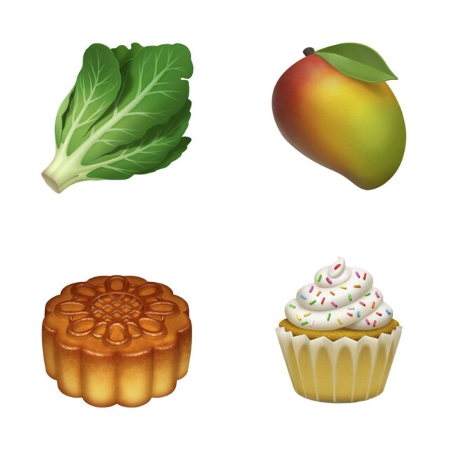 「芒果」、「生菜」、「紙杯蛋糕」及月餅表情符號。