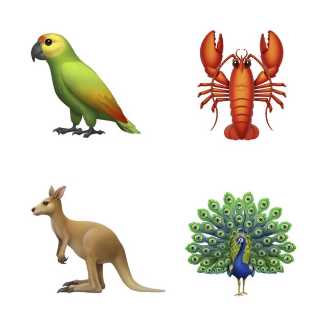 「袋鼠」、「孔雀」、「鸚鵡」和「龍蝦」等表情符號