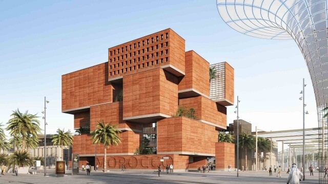 摩洛哥展館建築由建築師 OUALALOU + CHOI 設計，結合前沿的建造技術。