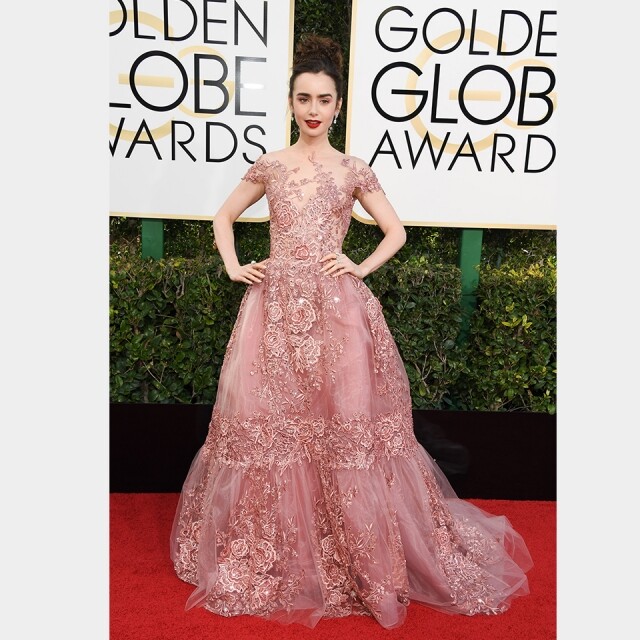 Lily Collins BEST DRESSED ON THE GOLDEN GLOBES RED CARPET