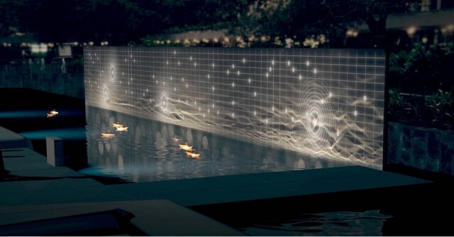 遮打花園設計的光影作品「關於海的歌」，請觀眾在水邊靜聽。