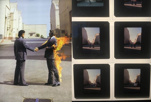 1975 年推出的 《 Wish You Were Here 》，每一格菲林展示出演員在拍攝着火時的過程。這張封面照片也非常經典。