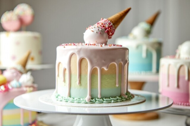 Uni Cone 取獨角獸 “Unicorn” 的諧音。看看蛋糕造型，一球雪糕倒轉地放置於蛋糕表面