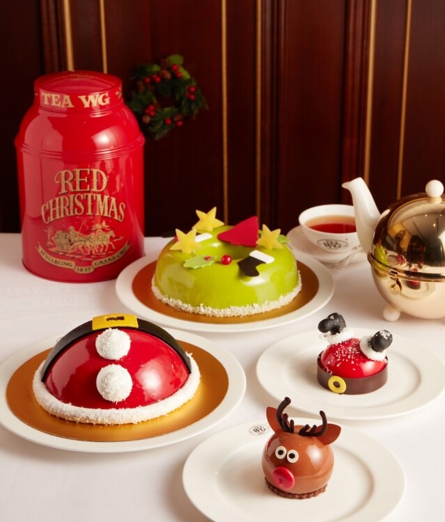 Tea WG 聖誕限定茶香聖誕蛋糕卡默洛茶茶香開心果櫻桃蛋糕（上）、高級茉莉花茶茶香濃朱古力蛋糕（下）。