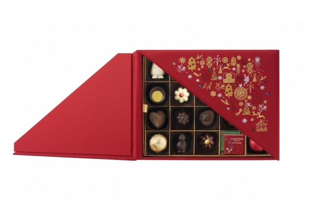 GODIVA 2019 聖誕朱古力紅色禮盒，充滿濃厚的節日氣氛。