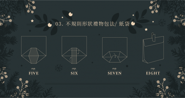 Step 5:將底部左右向內折。 Step 6:並把上方頂端部分向內折 1 cm,中線上方貼上雙面膠紙,並向下折超過中間線。 Step 7:下方同樣做法並向上折。 Step 8:最後打開袋子,放入禮物再把頂部向下折便完成禮物袋了! Step 5:將底部左右向內折。 Step 6:並把上方頂端部分向內折 1 cm,中線上方貼上雙面膠紙,並向下折超過中間線。 Step 7:下方同樣做法並向上折。 Step 8:最後打開袋子,放入禮物再把頂部向下折便完成禮物袋了!