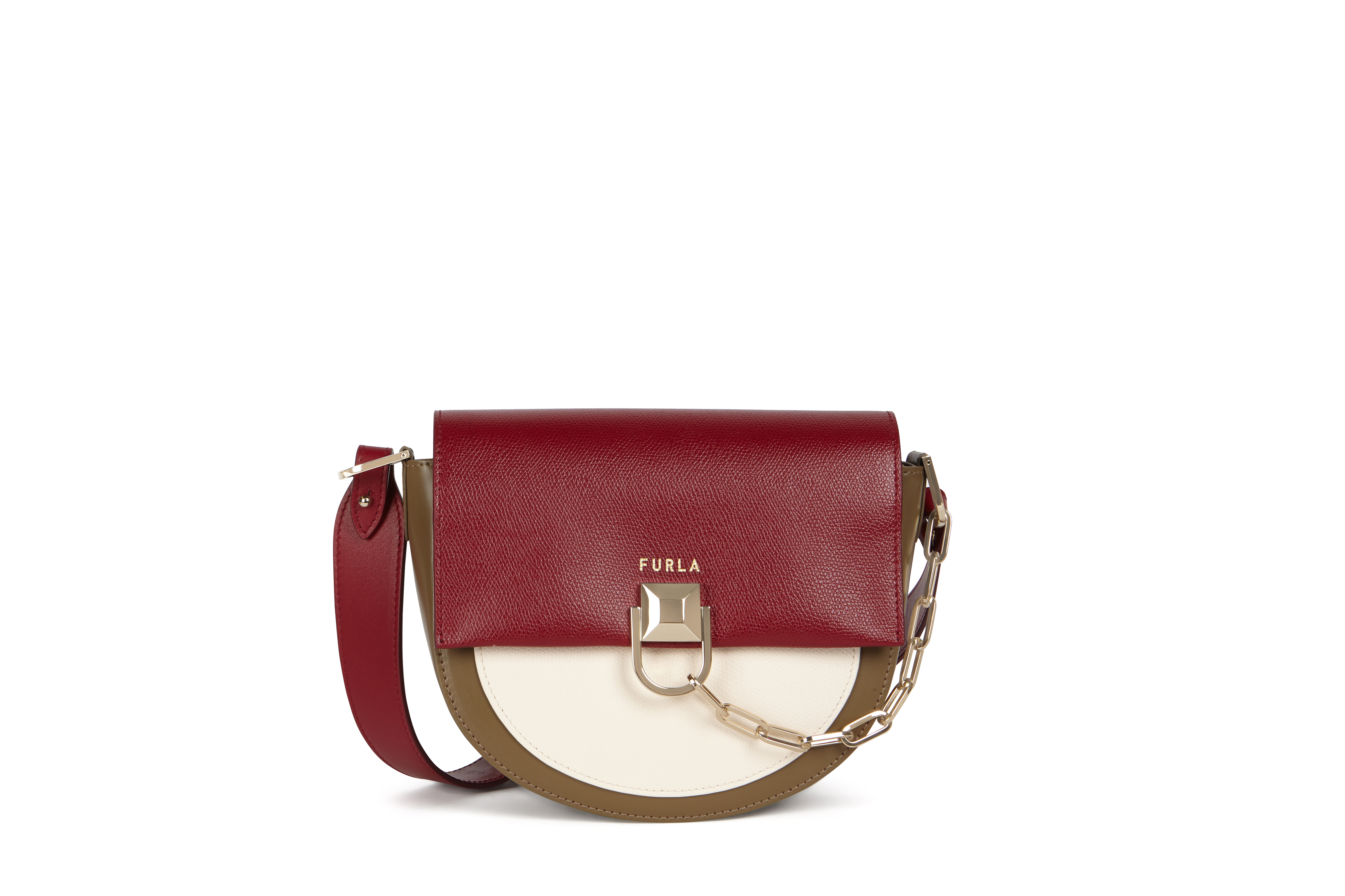 FURLA Miss Mimì 紅、白及棕色迷你斜揹袋拼色紋理牛皮