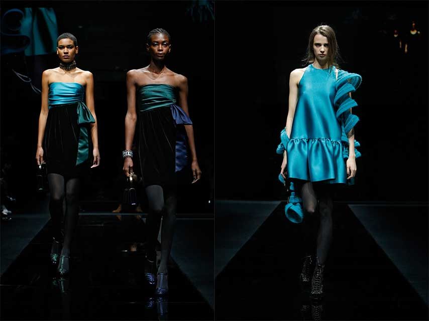 Emporio Armani 的秋冬系列中亦有一系列綠藍色調、以亮麗絲絹或天鵝絨製成的連身短裙