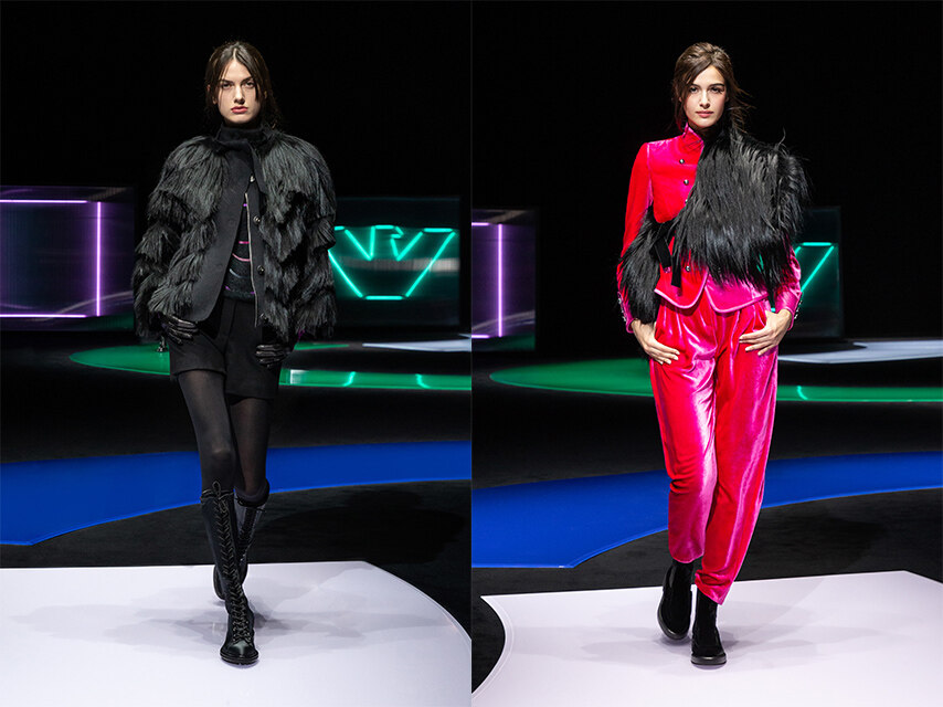 Emporio Armani 2021 秋冬系列創新破格，在時裝秀造型上運用不同的對立元素碰撞融